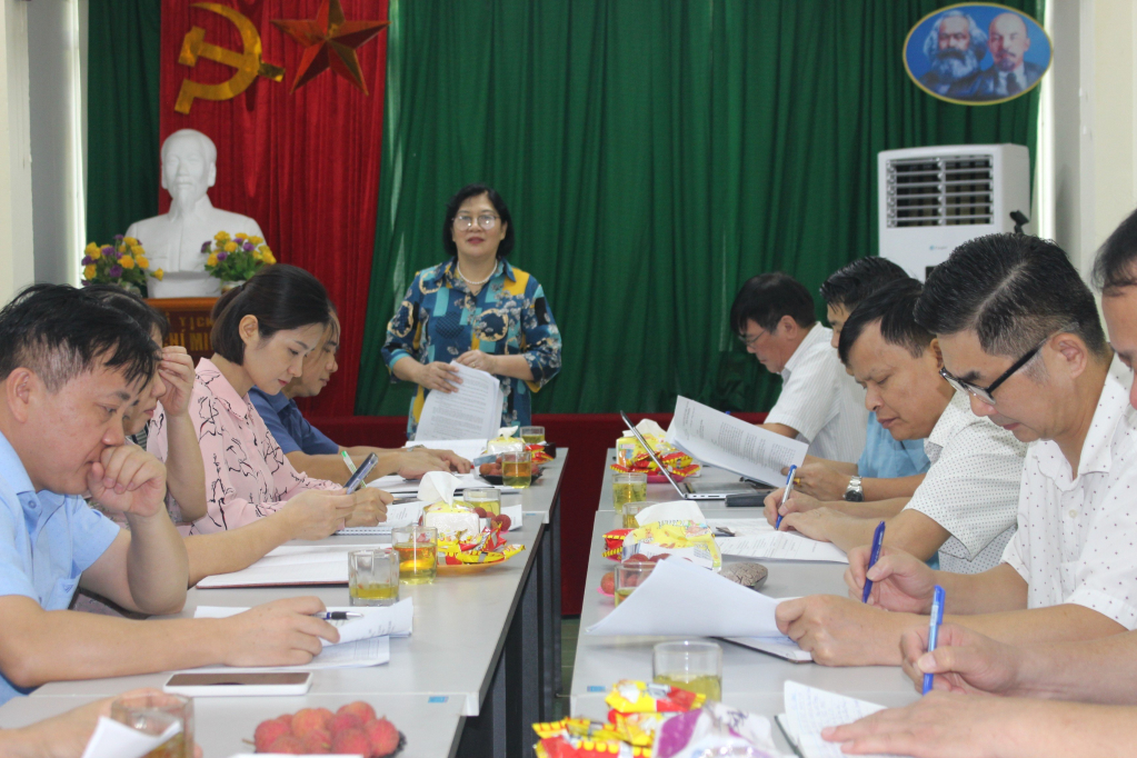 Trưởng Ban Tổ chức cuộc thi Hoàng Thị Bình phát biểu tại cuộc họp.