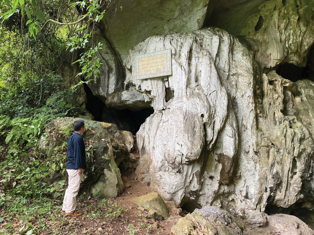 Entrance to Nguom Boc Cave surrounded by lush greenery