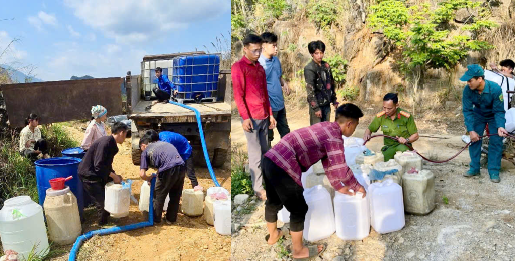 Vận chuyển nước sinh hoạt hỗ trợ người dân các xóm vùng cao xã Khánh Xuân (Bảo Lạc).