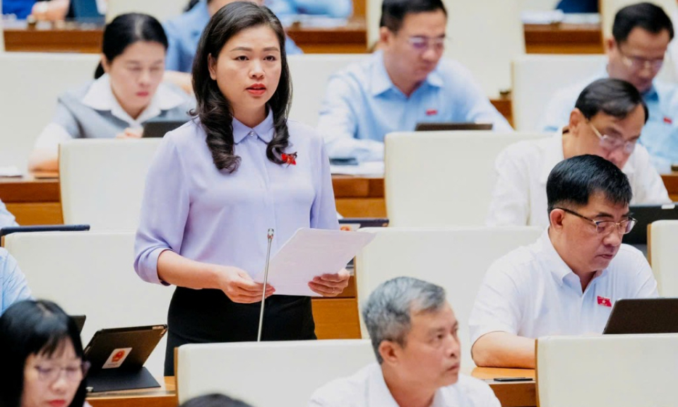Đại biểu Quốc hội tỉnh Đoàn Thị Lê An phát biểu thảo luận tại hội trường về Dự án Luật Nhà giáo   