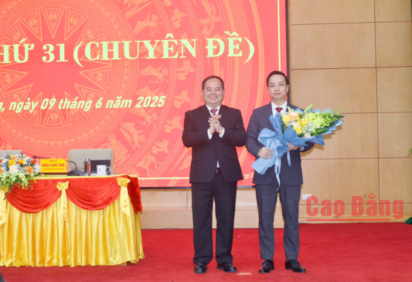 Bí thư Tỉnh ủy Quản Minh Cường chúc mừng Chủ tịch UBND tỉnh Lê Hải Hòa.